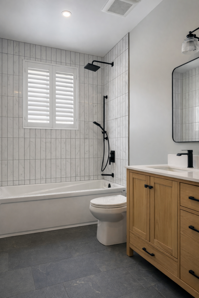 Bathroom renovation with wood vanity and bathtub