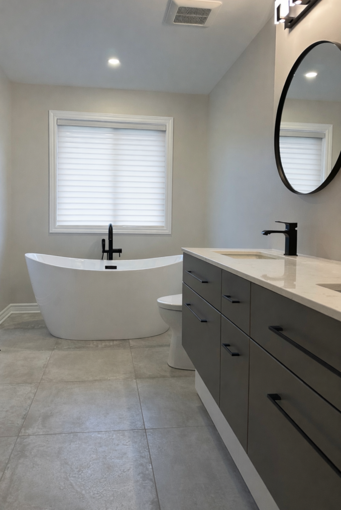 Modern bathroom vanity with bathtub