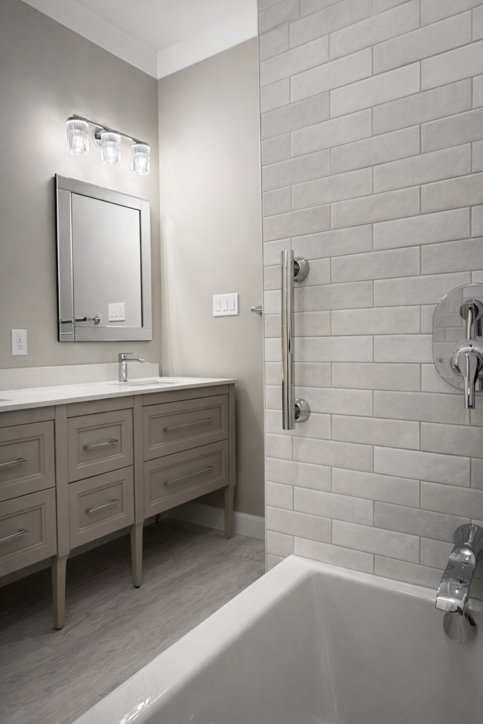 Bathroom vanity with tiled tub surround