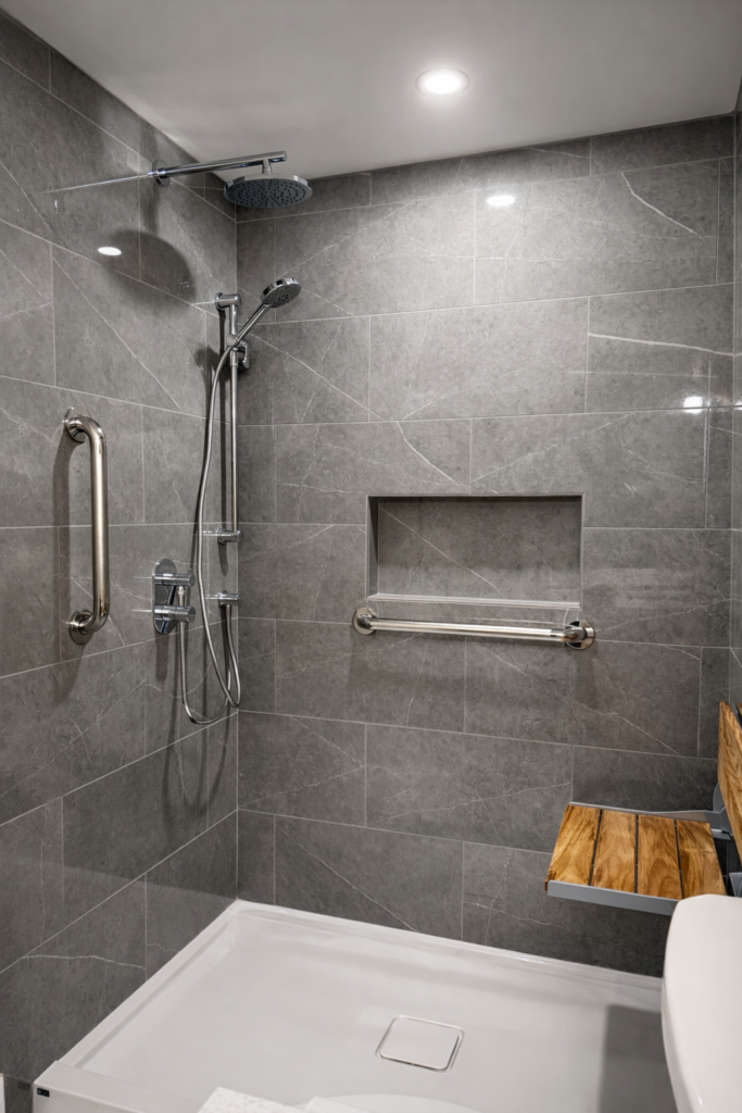 Grey tiled shower with built-in niche