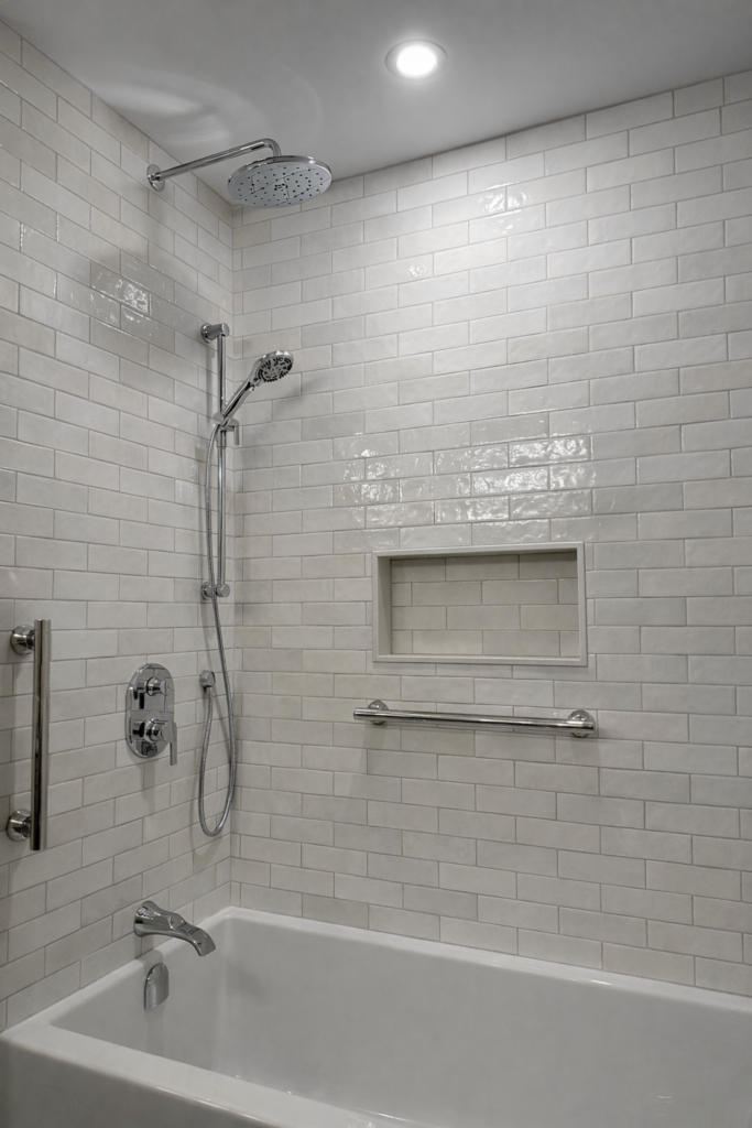 Grey tiled bathtub and shower renovation
