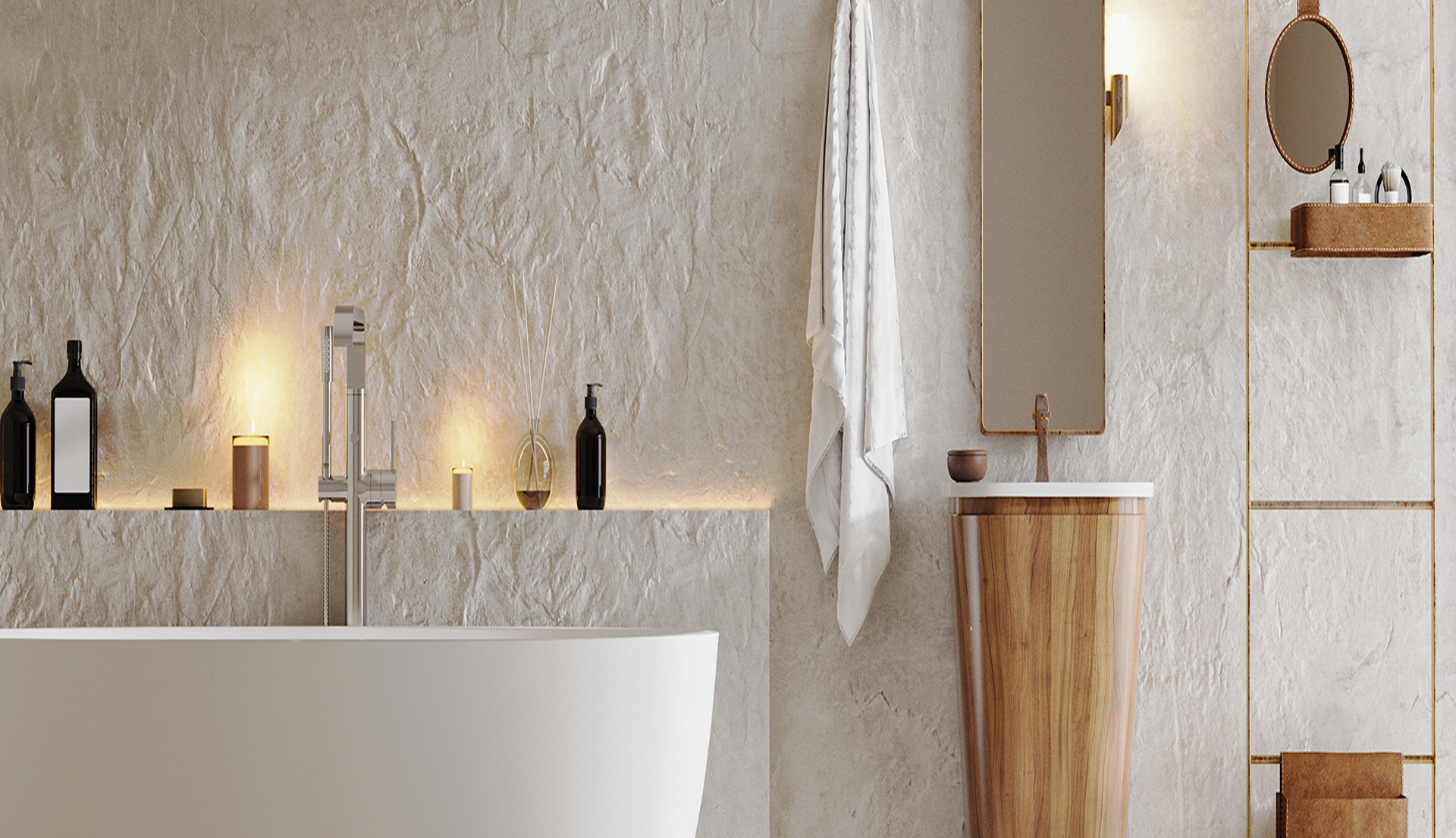 Beautifully designed bathroom with tall mirror and a floating bathtub