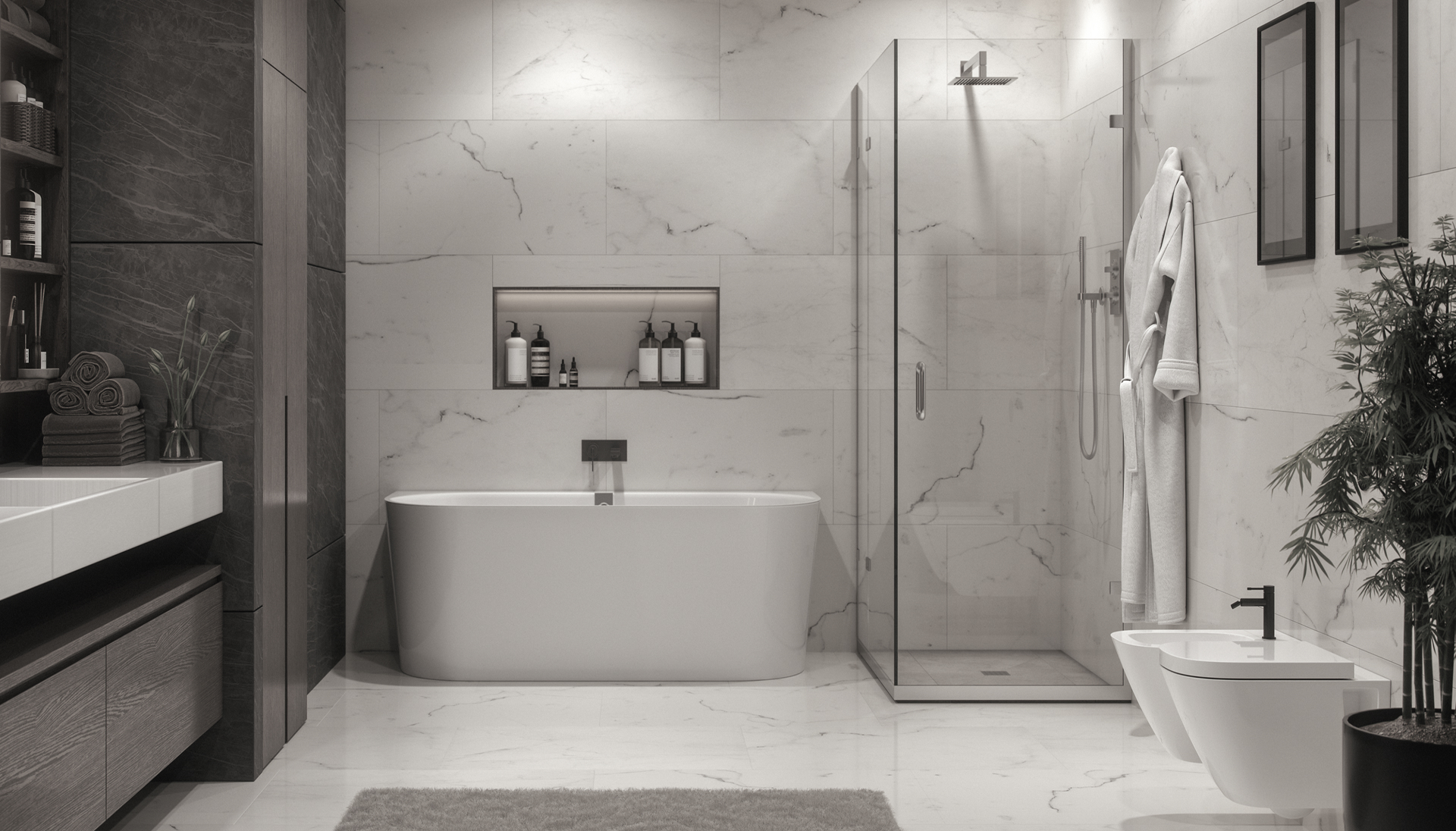 Modern bathroom with freestanding tub and walk-in shower